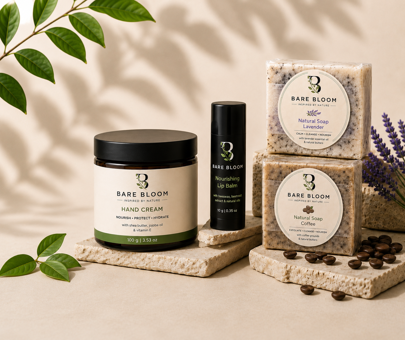 BareBloom handmade soap, hand cream and lip balm arranged together